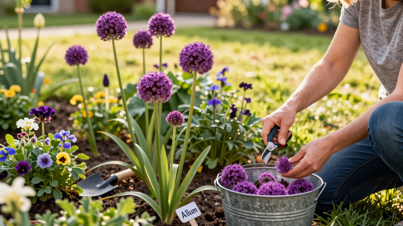 Pessoa a cortar flores roxas Allium num jardim florido com várias plantas e luz natural.