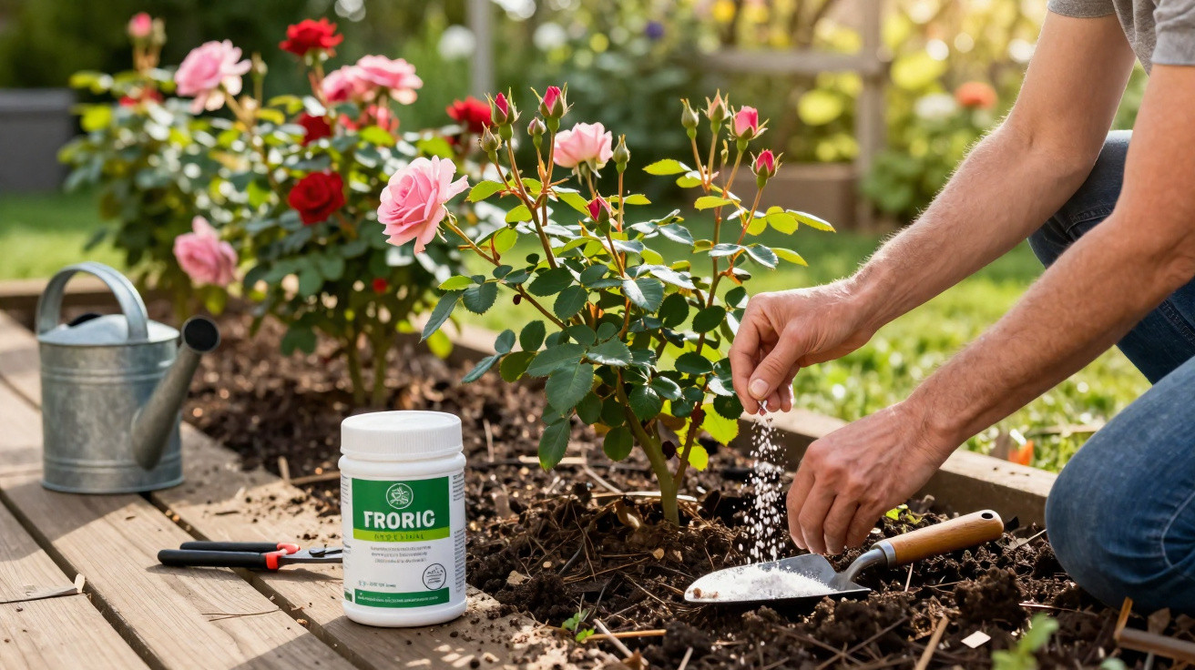 Pessoa a fertilizar roseiras com granulado branco num jardim, com regador e tesoura de poda ao lado.