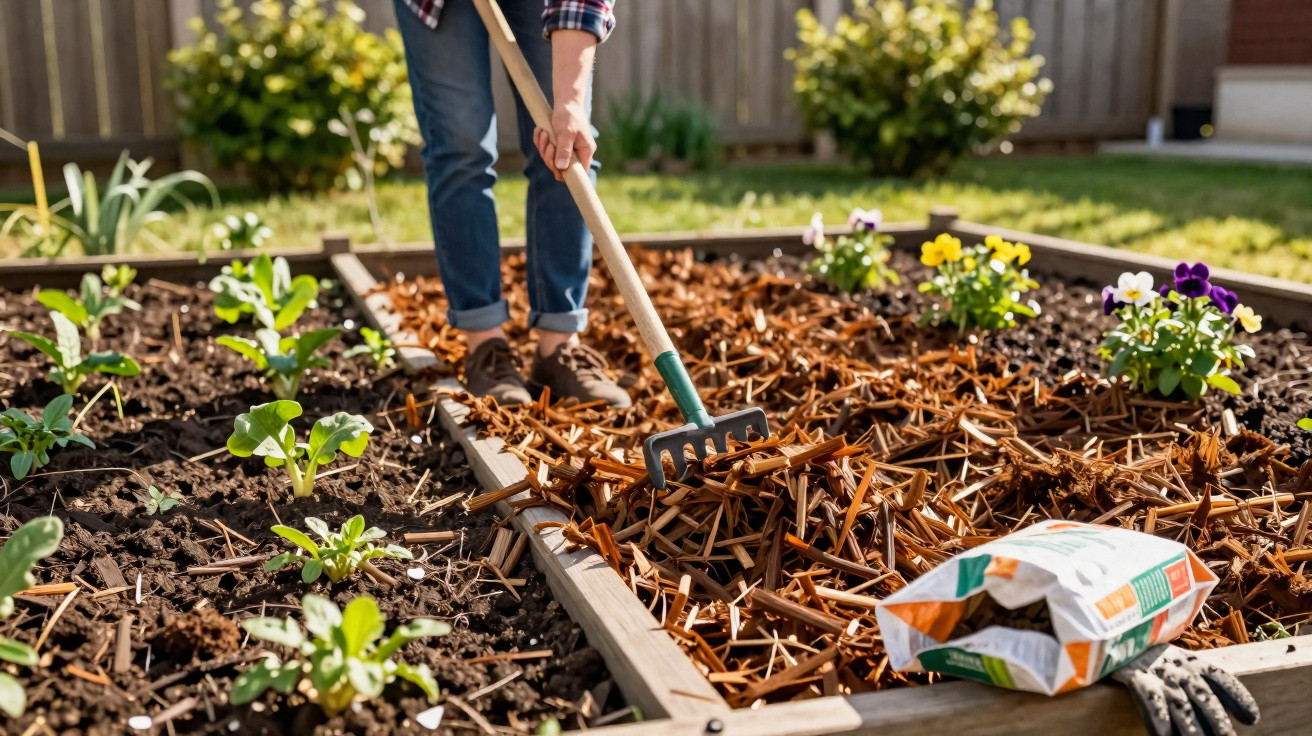Pessoa a usar um ancinho para espalhar casca de árvore numa horta elevada com várias plantas jovens.