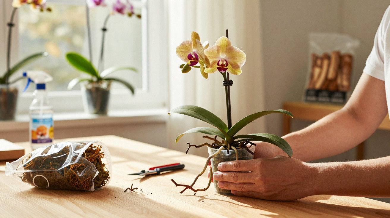 Pessoa a transplantar uma orquídea amarela num vaso pequeno, sobre uma mesa de madeira, com ferramentas e musgo.