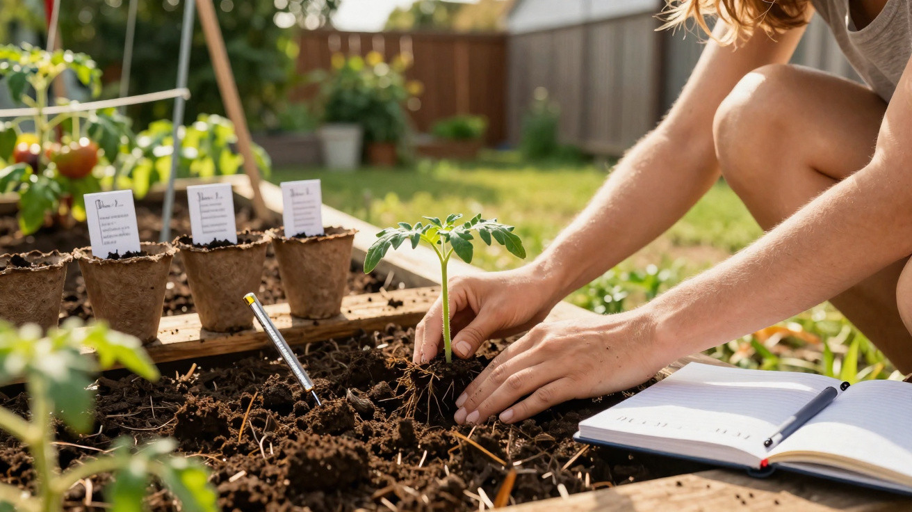 Pessoa a plantar muda de tomate num canteiro, com cadernos e etiquetas ao redor num jardim ensolarado.