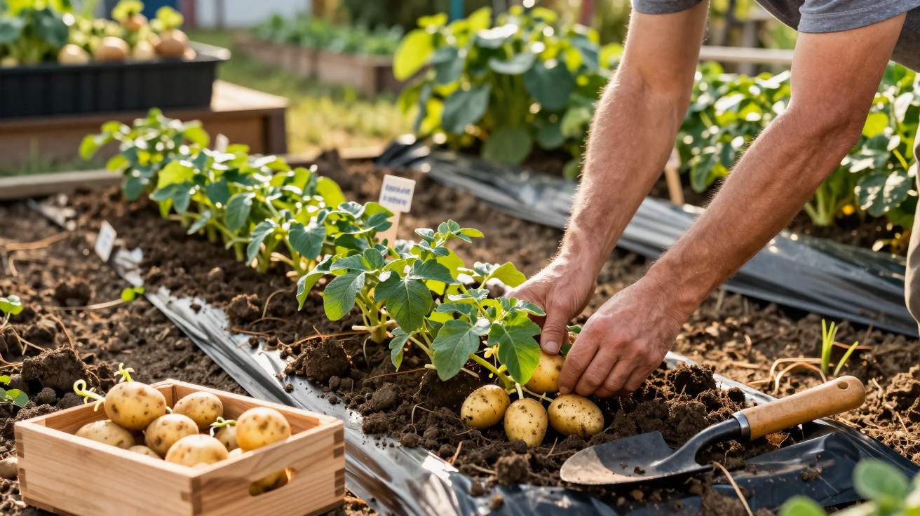 Pessoa a colher batatas numa horta com várias plantas jovens e caixa de batatas ao lado.