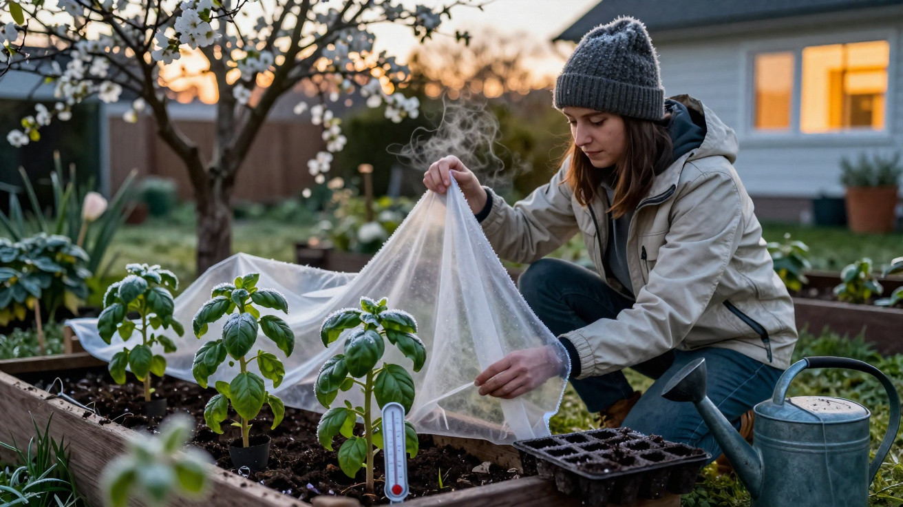Jovem a proteger plantas num canteiro com tecido transparente ao pôr do sol num jardim doméstico.