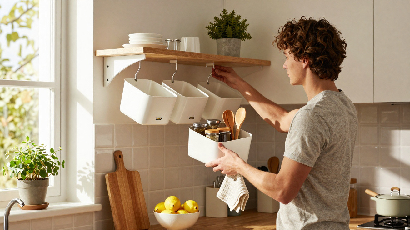 Pessoa a organizar utensílios de cozinha em caixas suspensas numa prateleira de cozinha moderna iluminada.