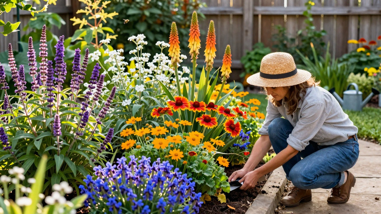 Mulher com chapéu a cuidar de flores coloridas num jardim em dia ensolarado.