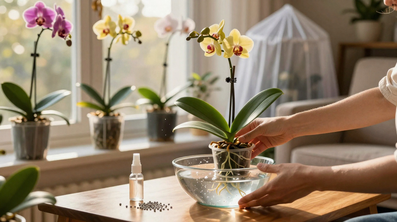 Pessoa regando orquídea amarela em vaso transparente, com várias orquídeas ao fundo junto à janela.