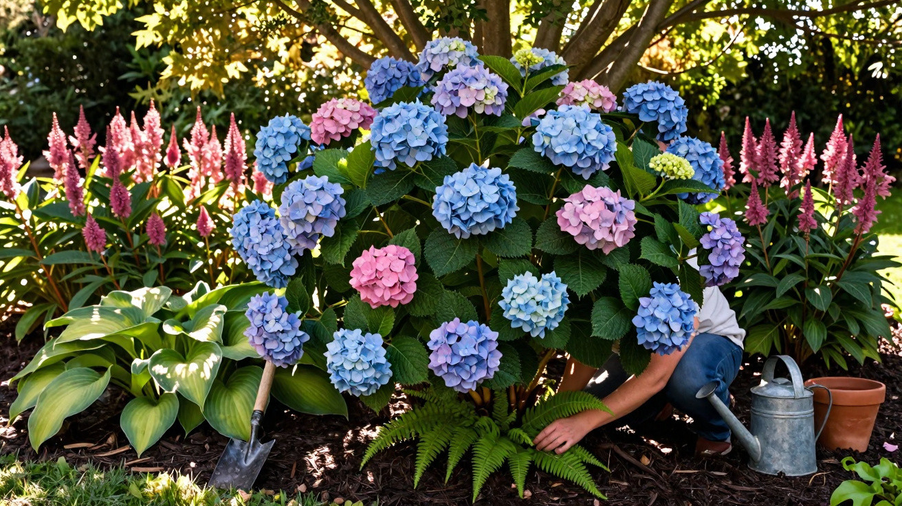Pessoa a cuidar de hortênsias azuis e rosas num jardim com ferramentas de jardinagem.