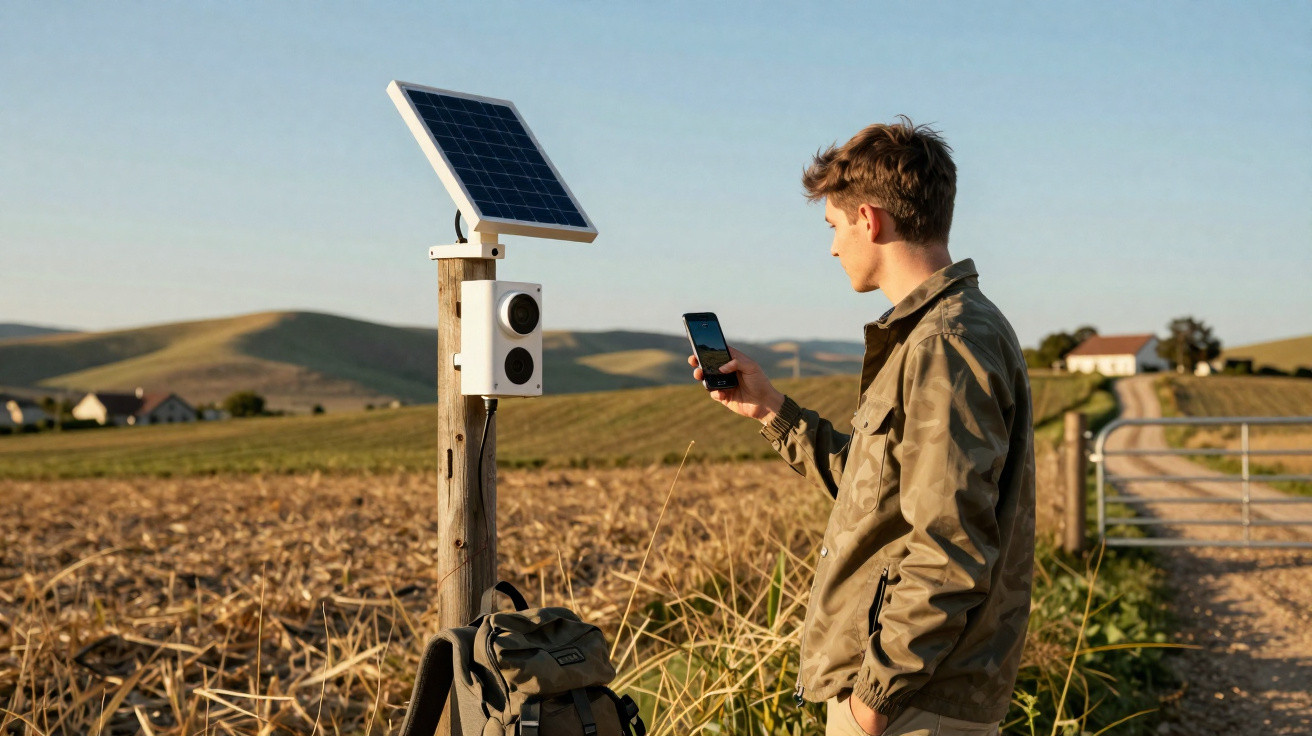 Jovem numa paisagem rural utiliza smartphone junto a um painel solar e equipamento tecnológico no campo.