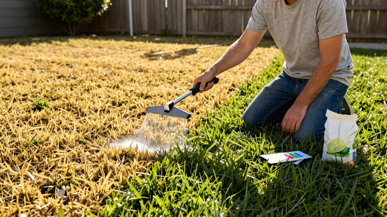 Pessoa a aplicar fertilizante em relvado, metade seca e amarela, metade verde e saudável.