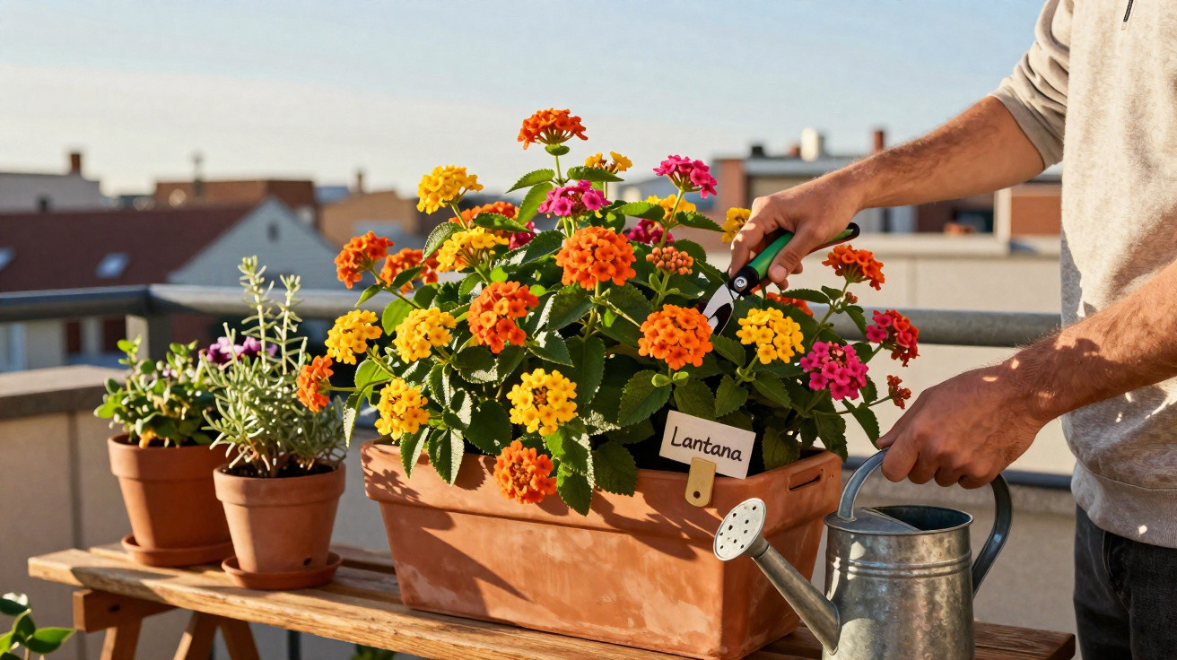 Pessoa a podar flores coloridas de lantana numa varanda ensolarada com regador metálico ao lado.