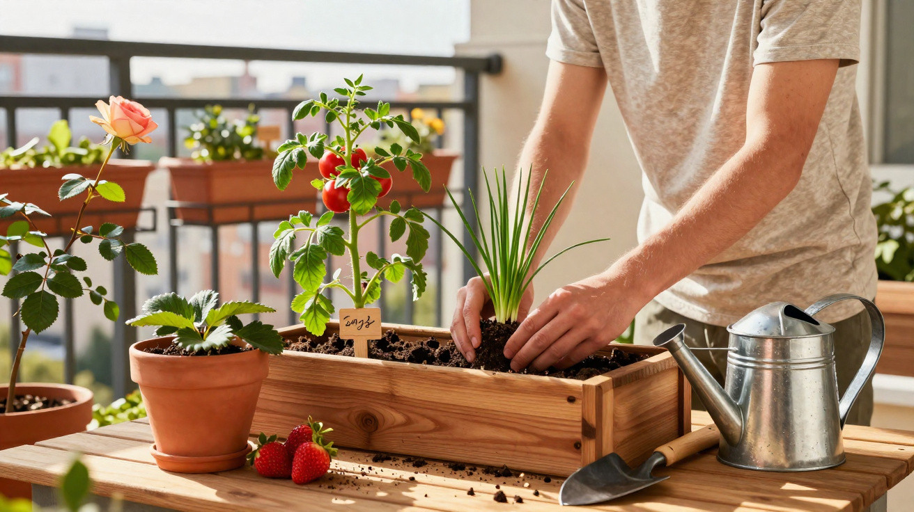 Pessoa a plantar ervas aromáticas numa varanda com vasos e regador metálico numa mesa de madeira.