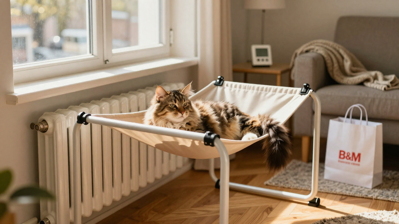 Gato de pelo comprido deitado numa pequena almofada suspensa junto à janela numa sala iluminada.