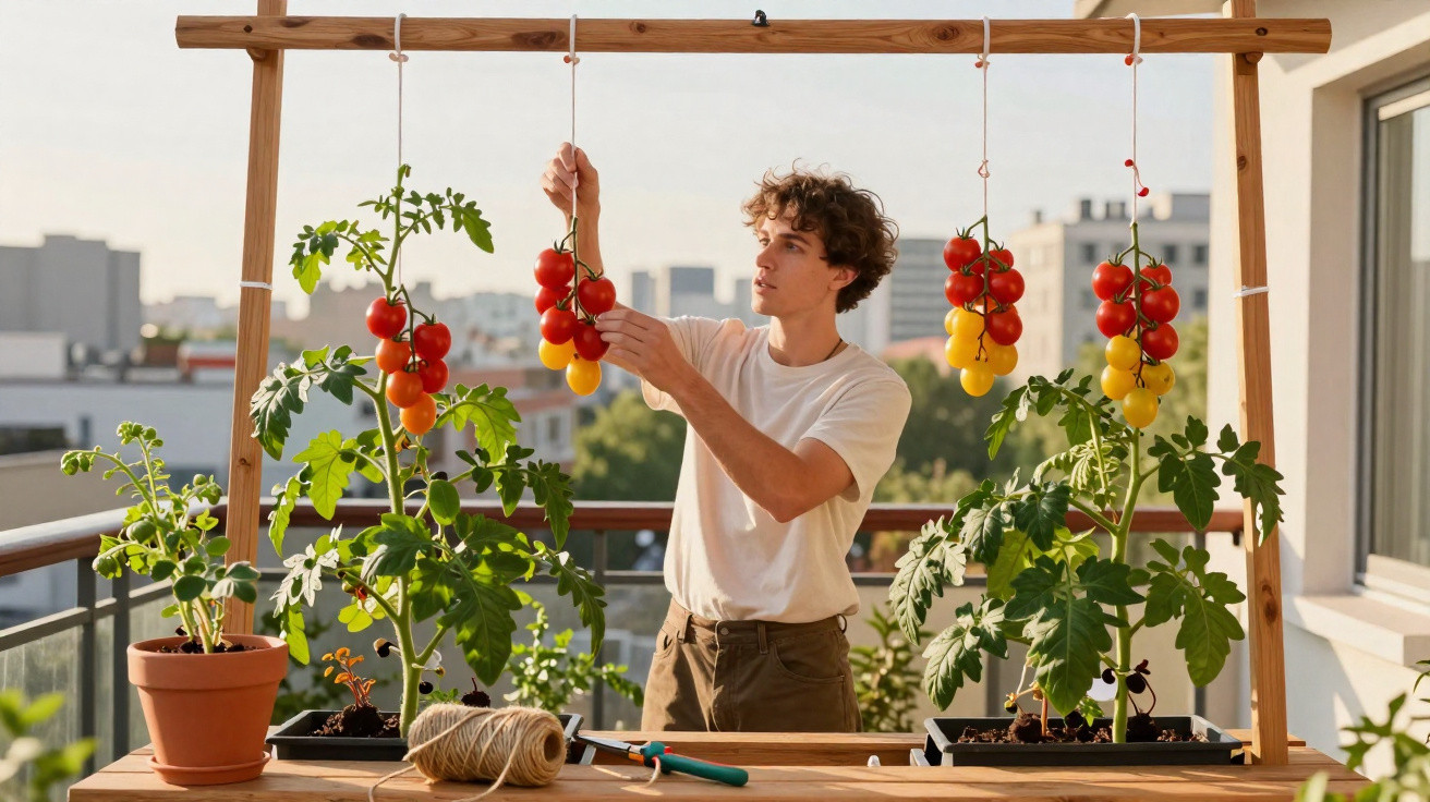 Jovem cuida de tomates-cereja vermelhos e amarelos pendurados numa estrutura de madeira numa varanda urbana.