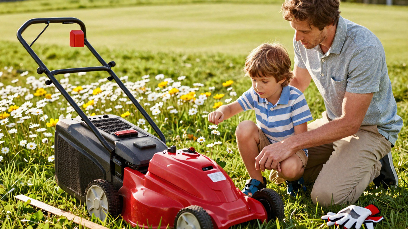 Pai e filho agachados ao lado de corta-relva vermelho num campo de flores brancas e amarelas.