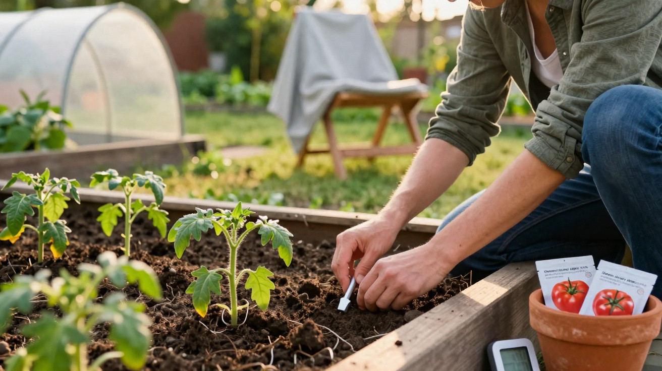 Pessoa a plantar sementes numa horta com plantas jovens de tomateiro e pacotes de sementes à vista.