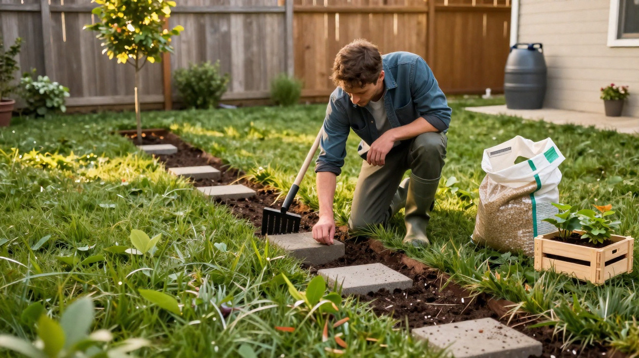 Homem ajoelhado a plantar um caminho de pedras num jardim verde com ferramentas e plantas ao lado.
