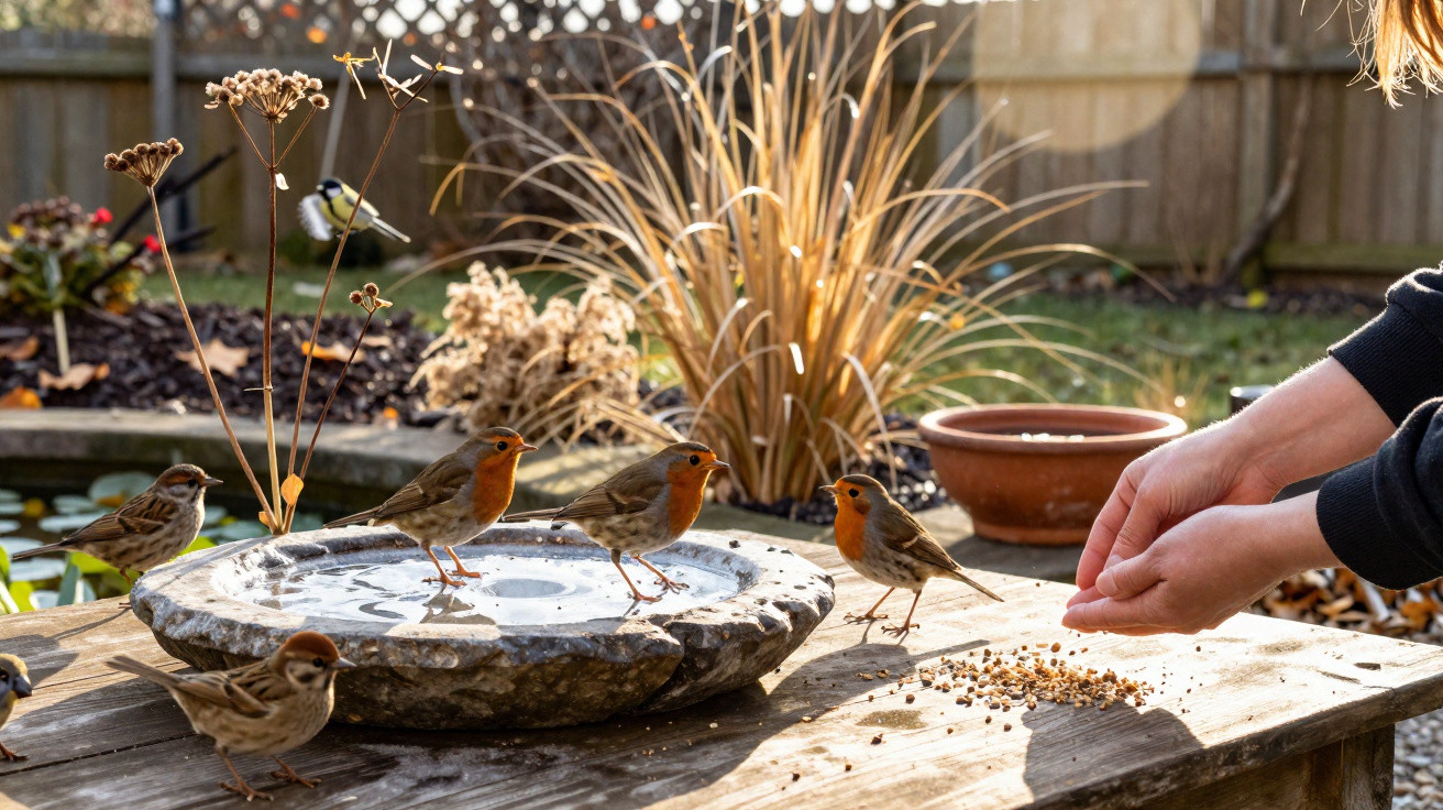 Mãos de pessoa a alimentar pequenos pássaros, incluindo robins, junto de um comedouro no jardim ensolarado.