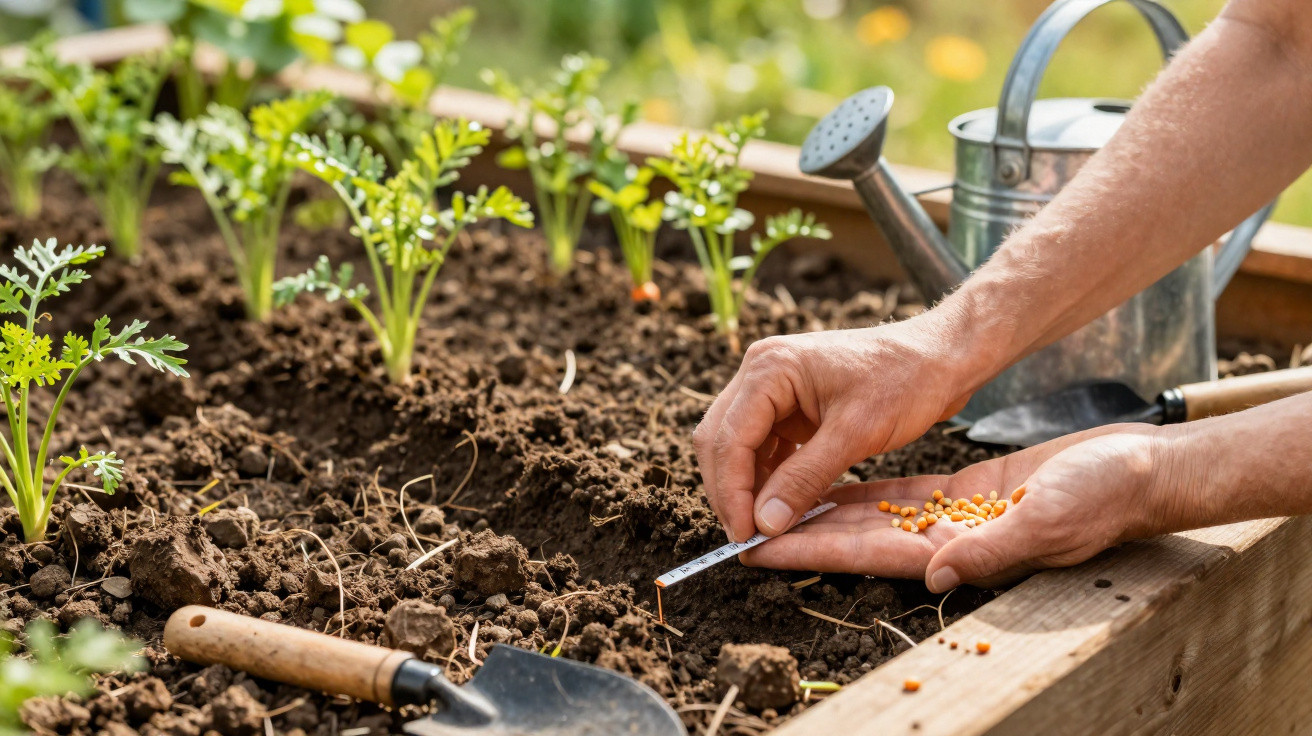 Mãos a semear sementes num canteiro de madeira com plantas pequenas e regador ao fundo.