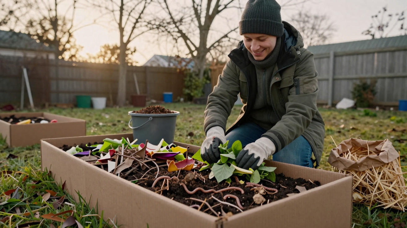 Pessoa a sorrir enquanto planta vegetais numa caixa de jardinagem ao ar livre num dia frio.