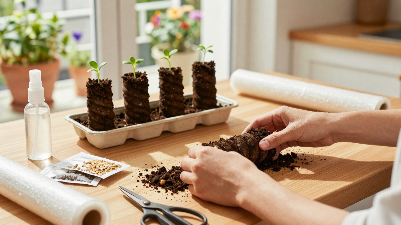Mãos a preparar mudas em terra para plantar numa bandeja com plantas jovens numa mesa com ferramentas.