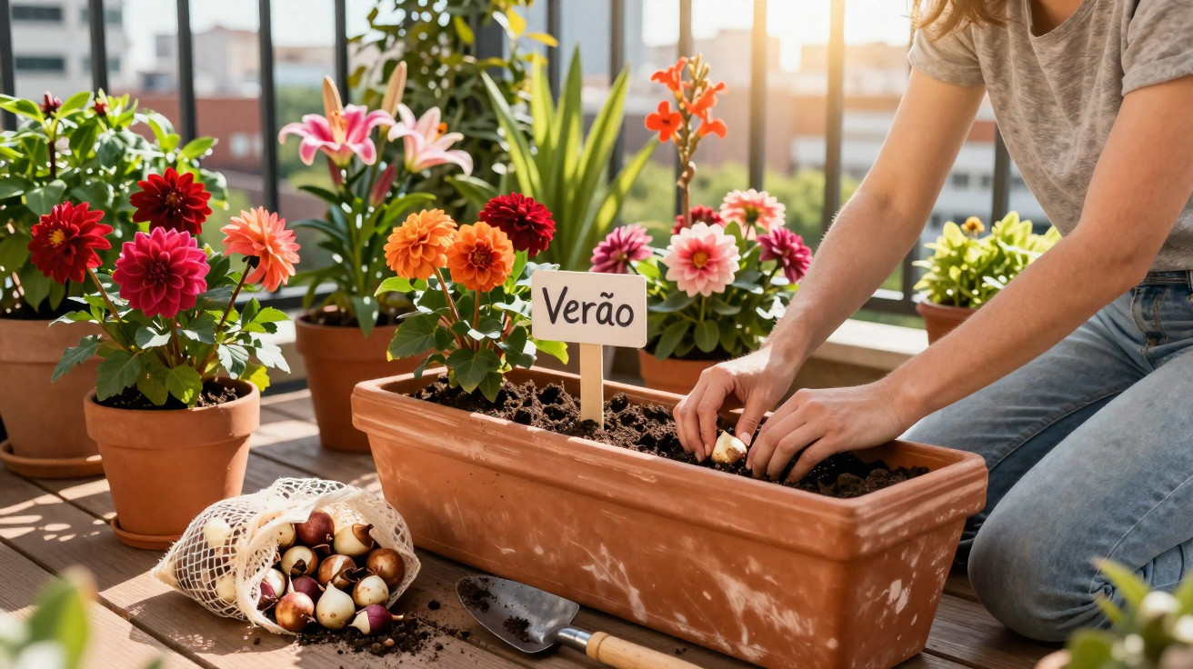 Pessoa a plantar bulbos de flores num vaso com plantas coloridas num terraço ensolarado.
