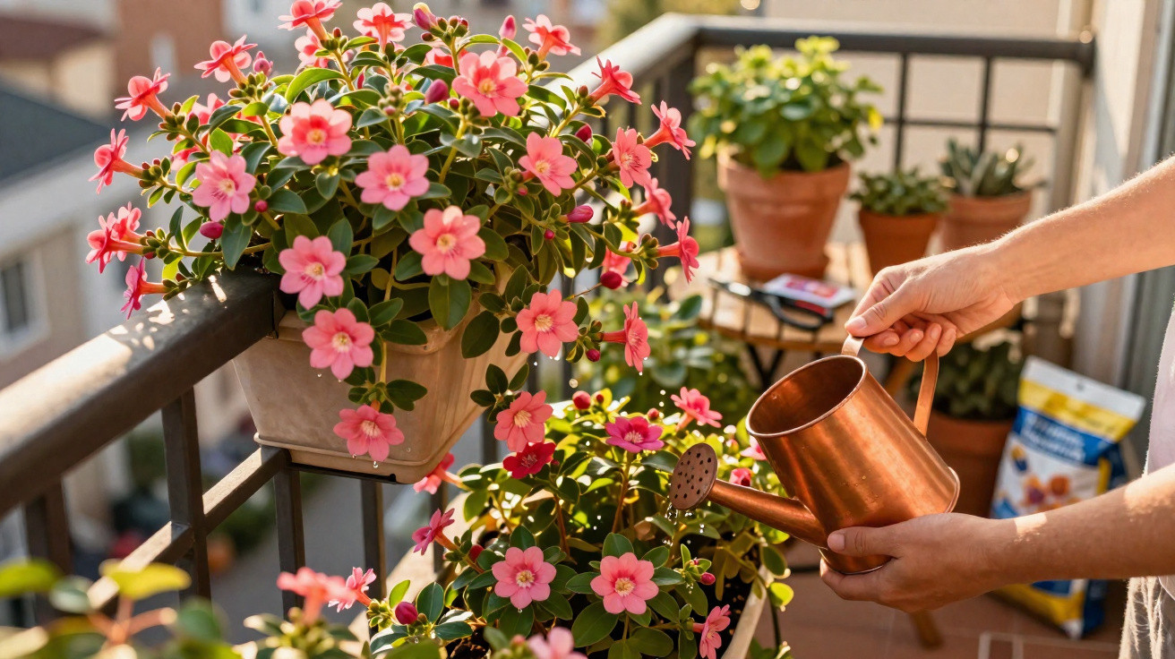 Pessoa a regar flores cor-de-rosa em vasos num terraço com regador de metal.