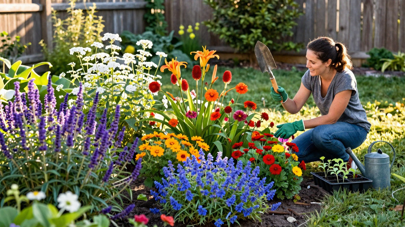 Mulher a jardinar em canteiros floridos com várias flores coloridas num jardim ensolarado.