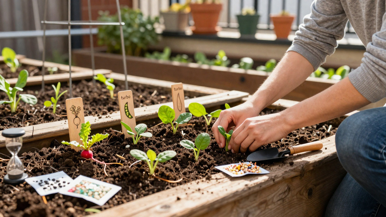 Pessoa a plantar muda numa horta urbana com várias plantas e pacotes de sementes visíveis sobre a terra.