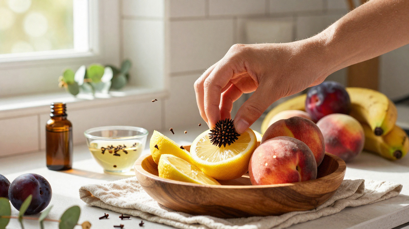 Mão a espetar cravos num limão cortado numa tigela de madeira com pêssegos, bananas e ameixas ao lado.