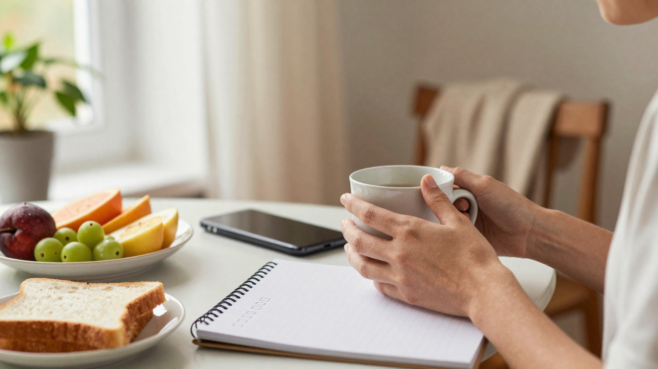 Pessoa segurando caneca, com caderno, telemóvel, pão e fruta sobre mesa branca num ambiente interior.