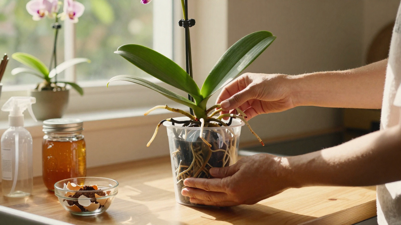 Mãos a cuidar de orquídea num vaso transparente junto a janela com jarro, frascos e cascas de ovo numa jarra.