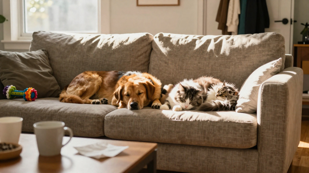 Cão e dois gatos a dormir juntos num sofá castanho claro numa sala iluminada pelo sol.