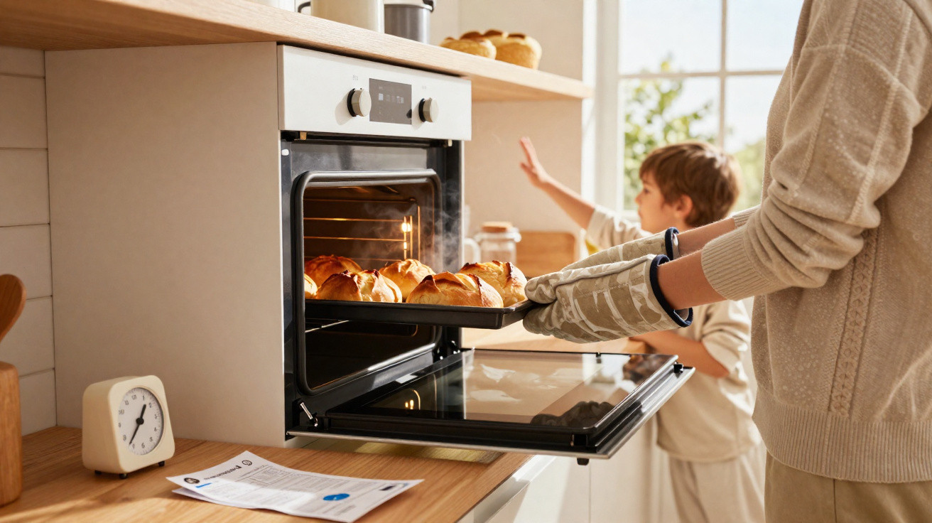 Pessoa a retirar pão quente do forno com criança ao fundo numa cozinha luminosa.