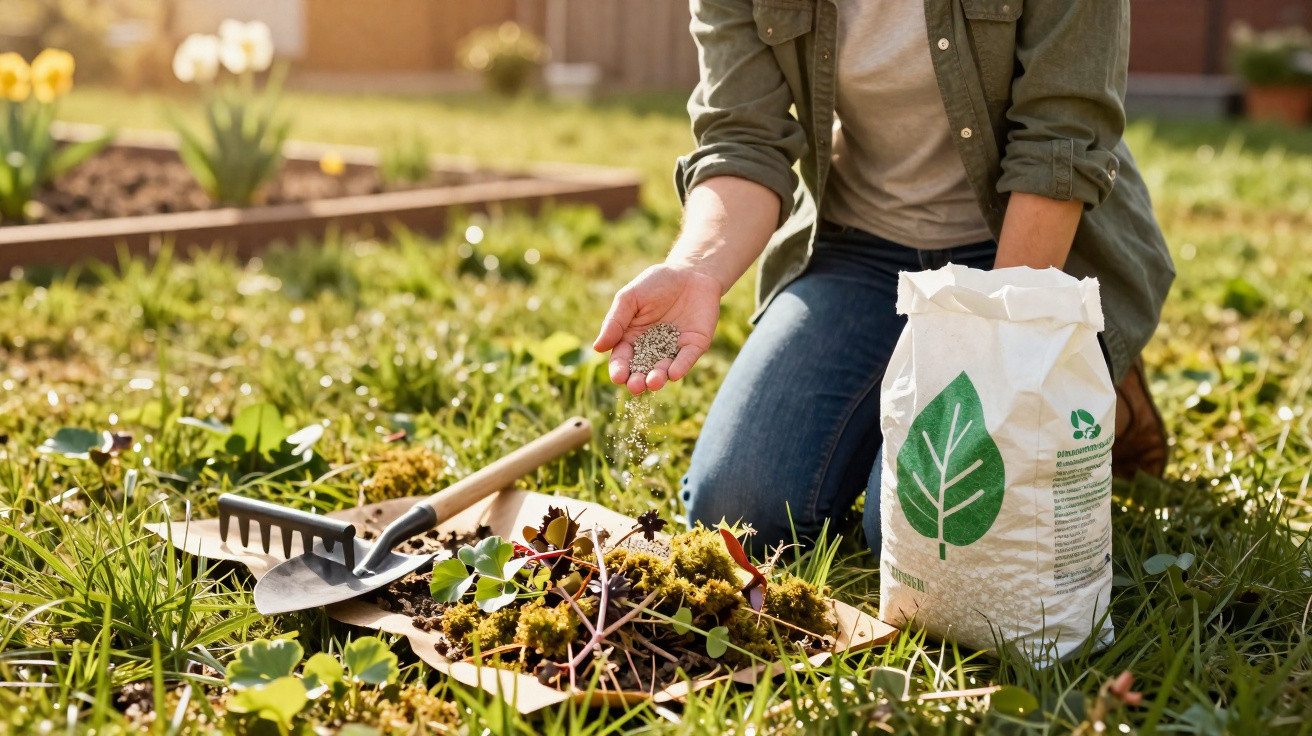 Pessoa a semear sementes no jardim, com ferramentas de jardim e saco de compostagem ao lado.