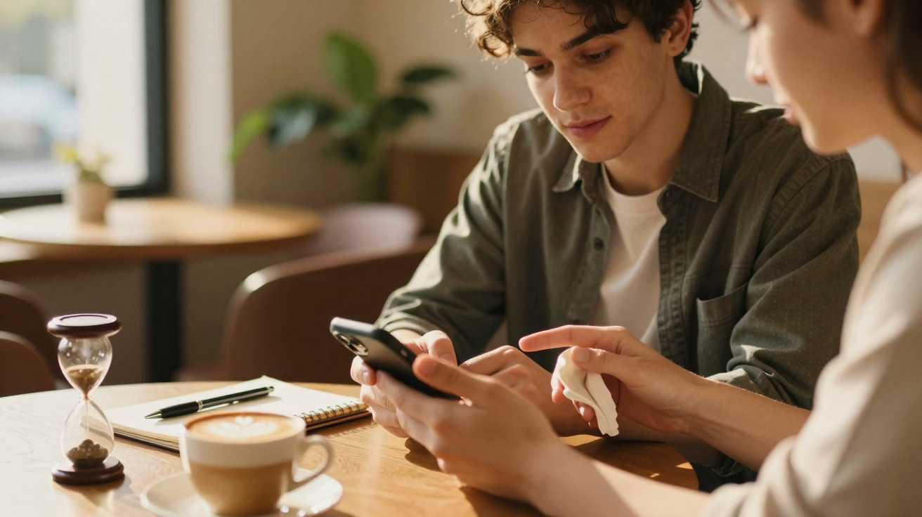Jovens sentados numa mesa de café a olhar para um telemóvel com uma chávena de cappuccino e ampulheta à frente.