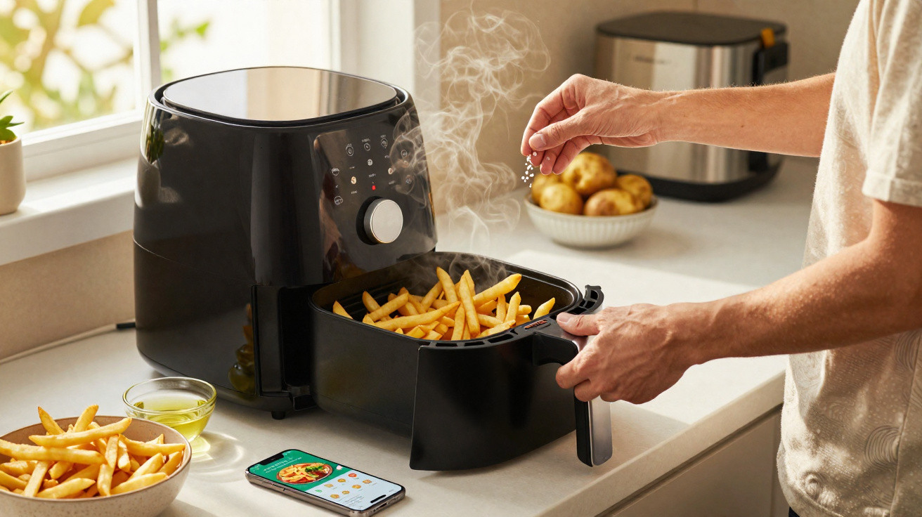 Pessoa tempera batatas fritas recém cozinhadas numa fritadeira elétrica de ar quente numa cozinha moderna.