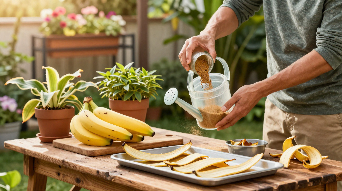 Pessoa a preparar fertilizante caseiro com cascas de banana e adicionar ao regador num jardim.