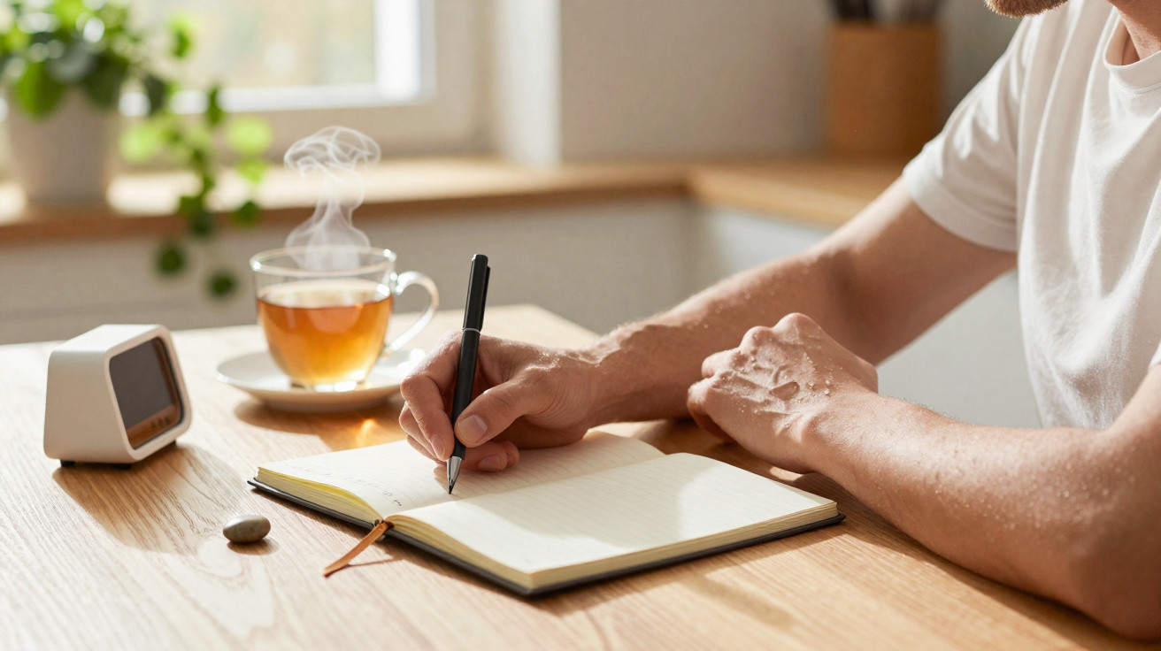 Pessoa a escrever num caderno com uma chávena de chá fumegante e um relógio digital numa mesa de madeira.