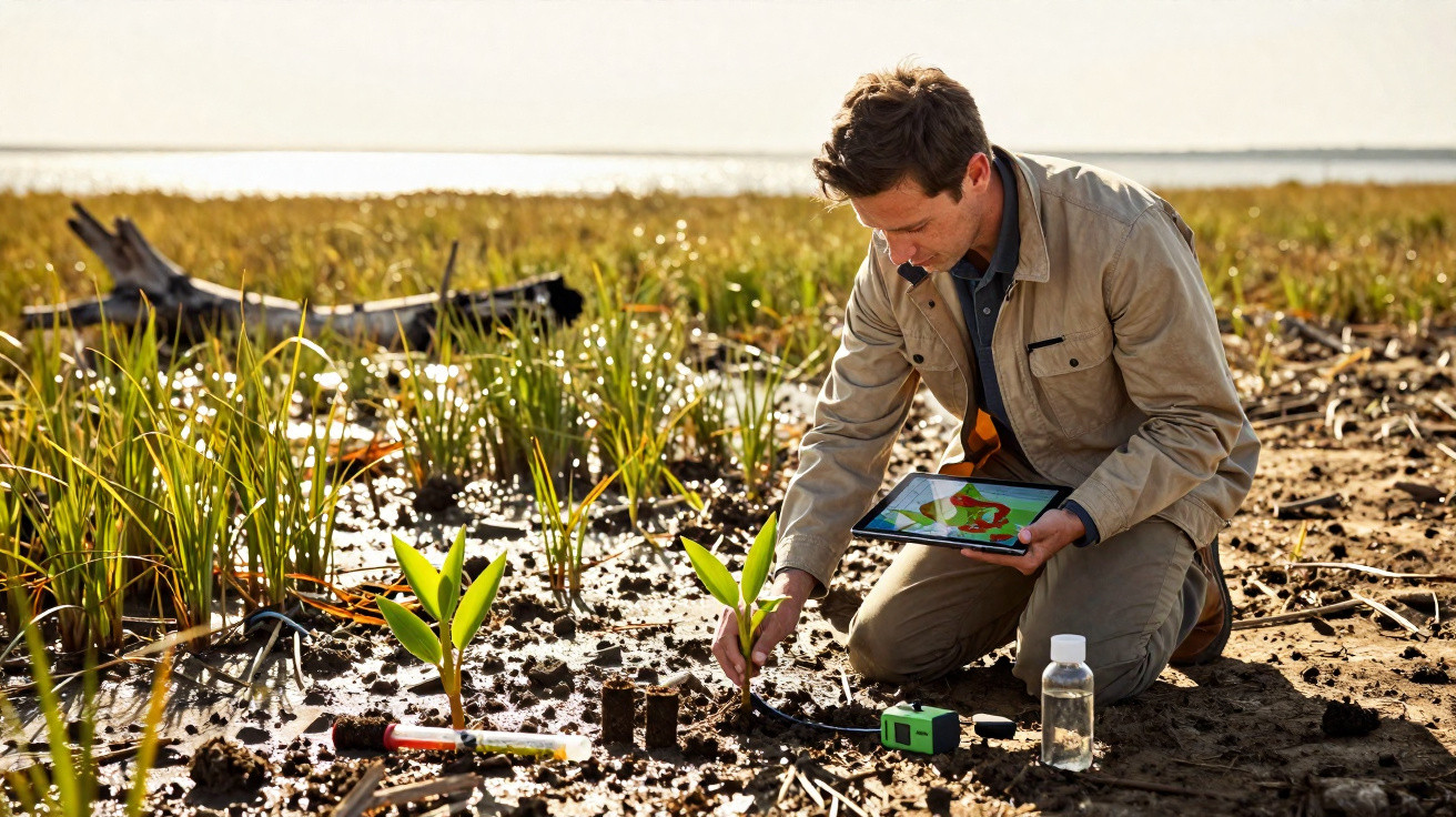 Homem a analisar plantas jovens num terreno húmido com dispositivo e tablet na mão.
