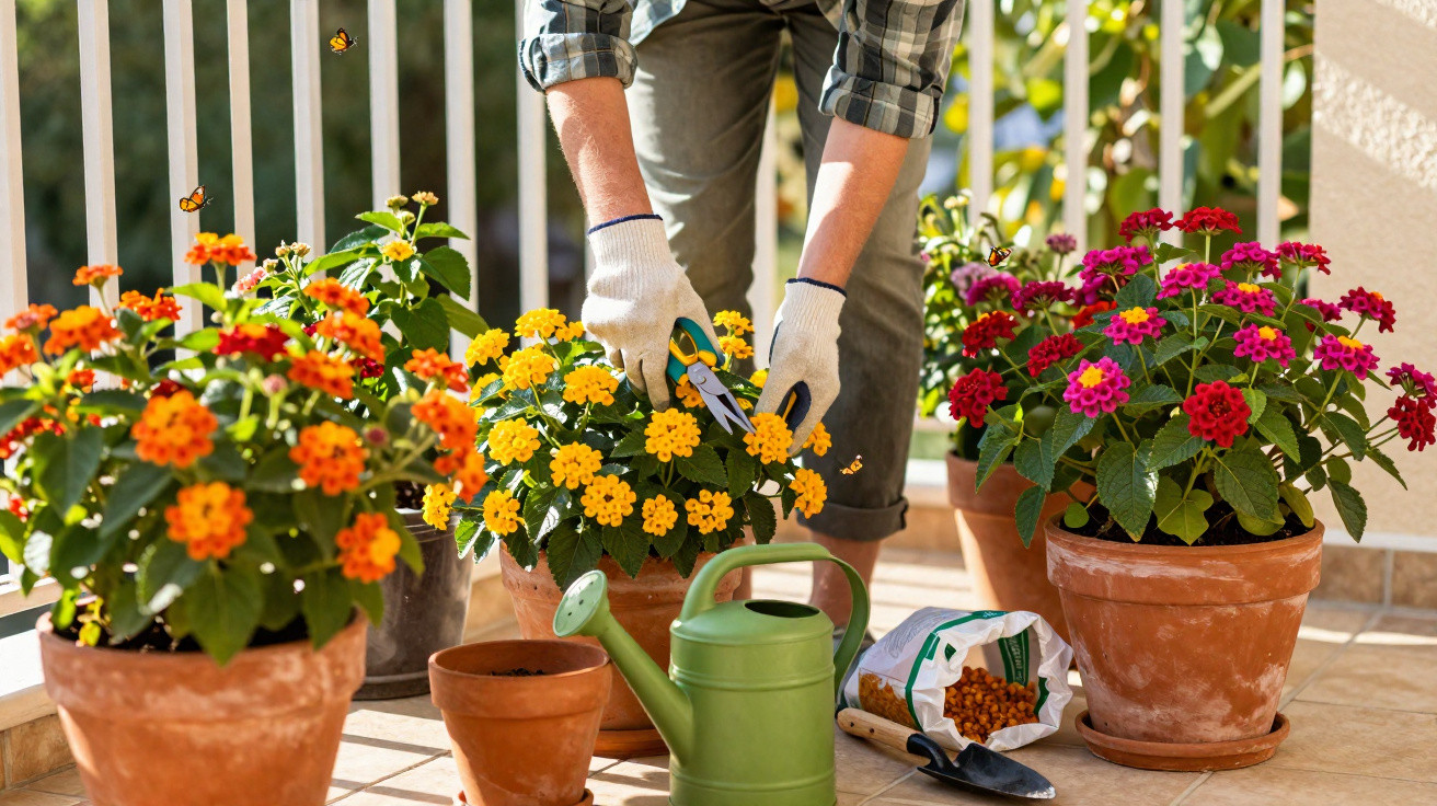 Pessoa a podar flores amarelas num vaso de barro com outras flores coloridas e regador verde no chão.