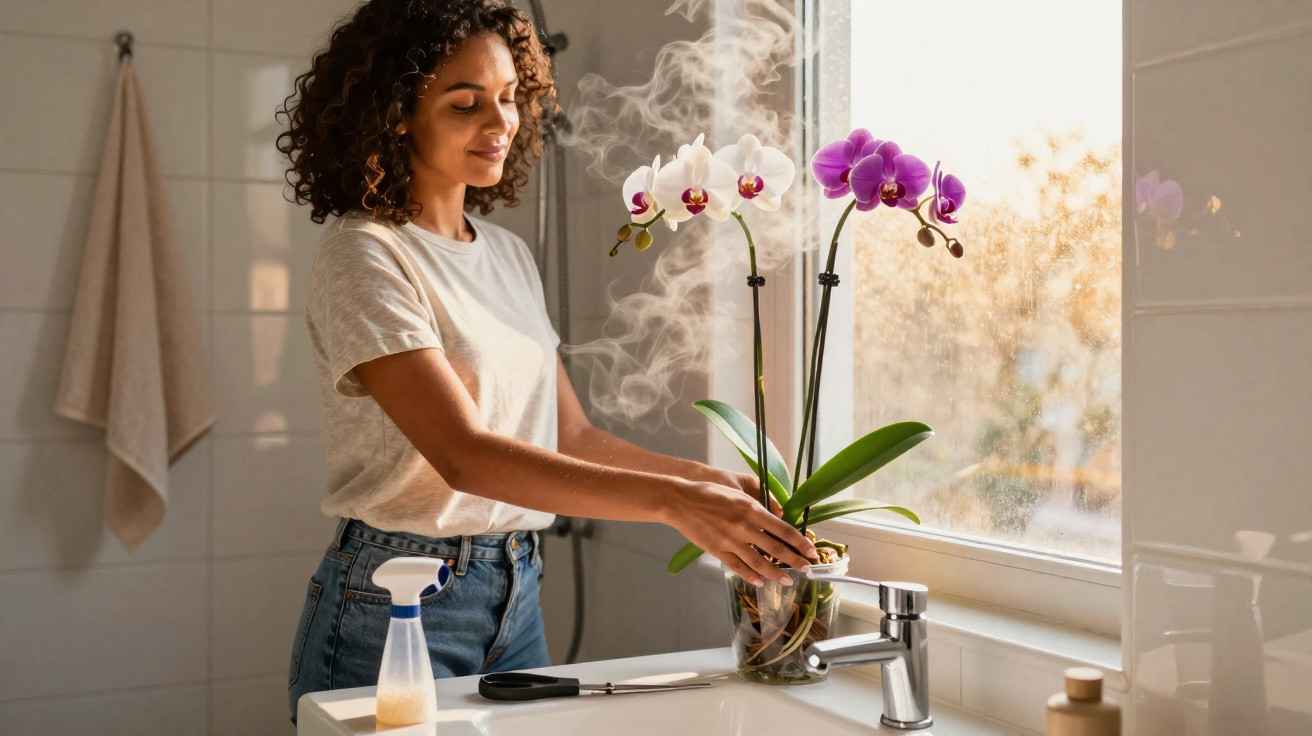 Mulher regando orquídea num vaso junto à janela com luz natural num ambiente doméstico.