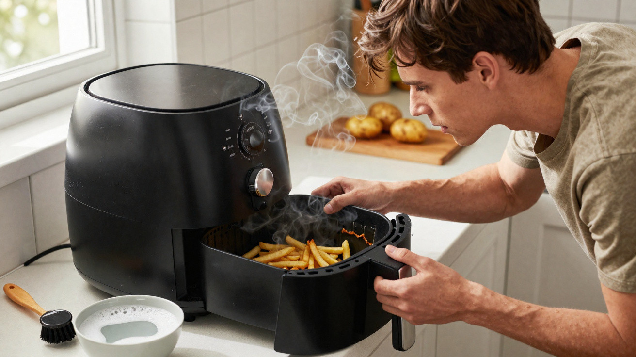Homem a retirar batatas fritas quentes e fumegantes de uma fritadeira elétrica numa cozinha.