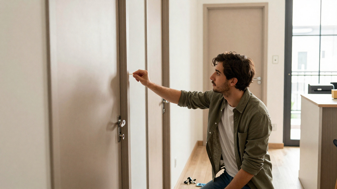 Homem a tentar abrir a porta de casa com uma ferramenta, numa divisão iluminada por luz natural.