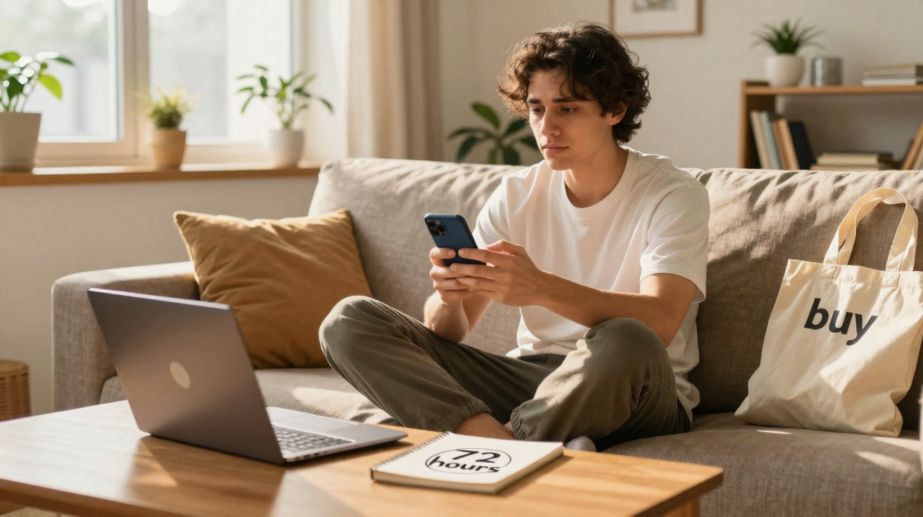 Jovem sentado no sofá com telemóvel na mão, computador portátil na mesa e mala com a palavra "buy".