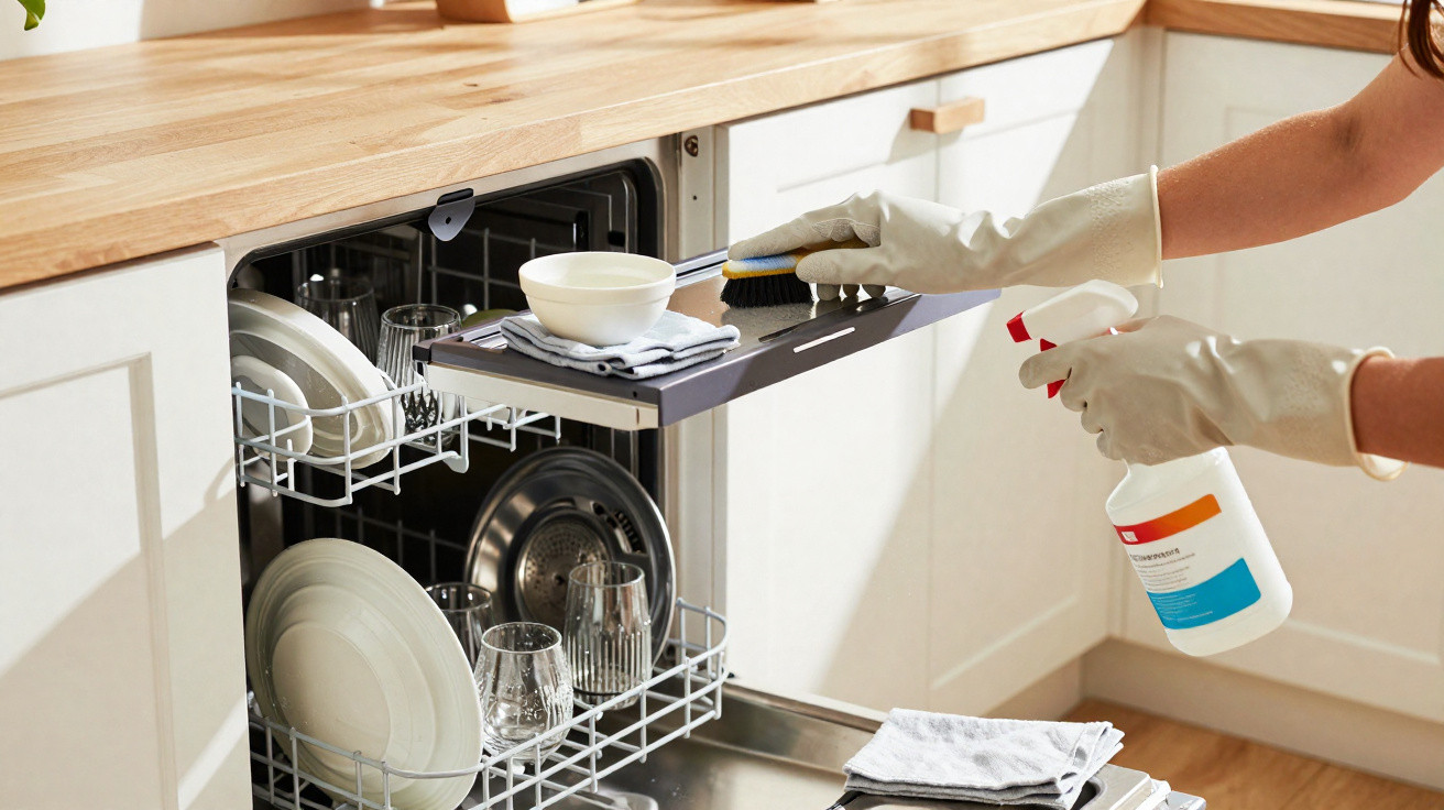 Pessoa a limpar o interior de uma máquina de lavar loiça numa cozinha moderna e luminosa.