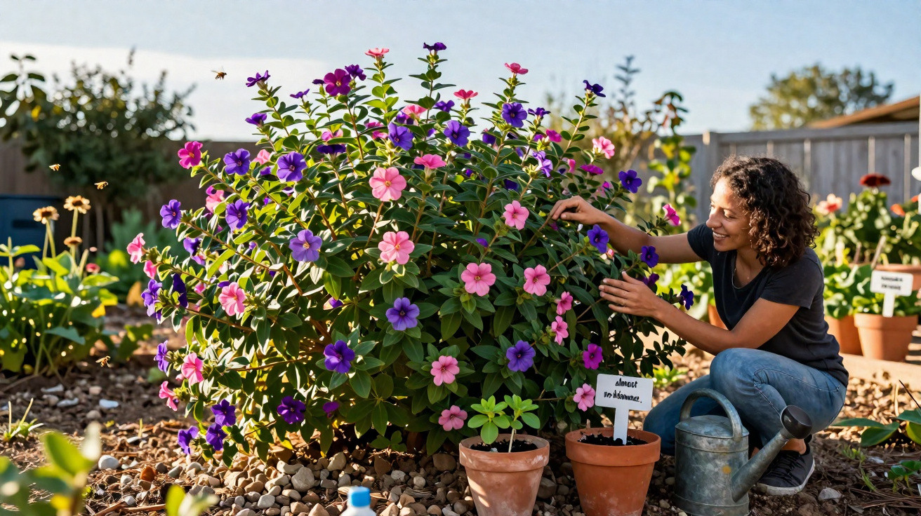 Mulher sorridente a cuidar de flores rosa e roxas num jardim ensolarado com regador ao lado.