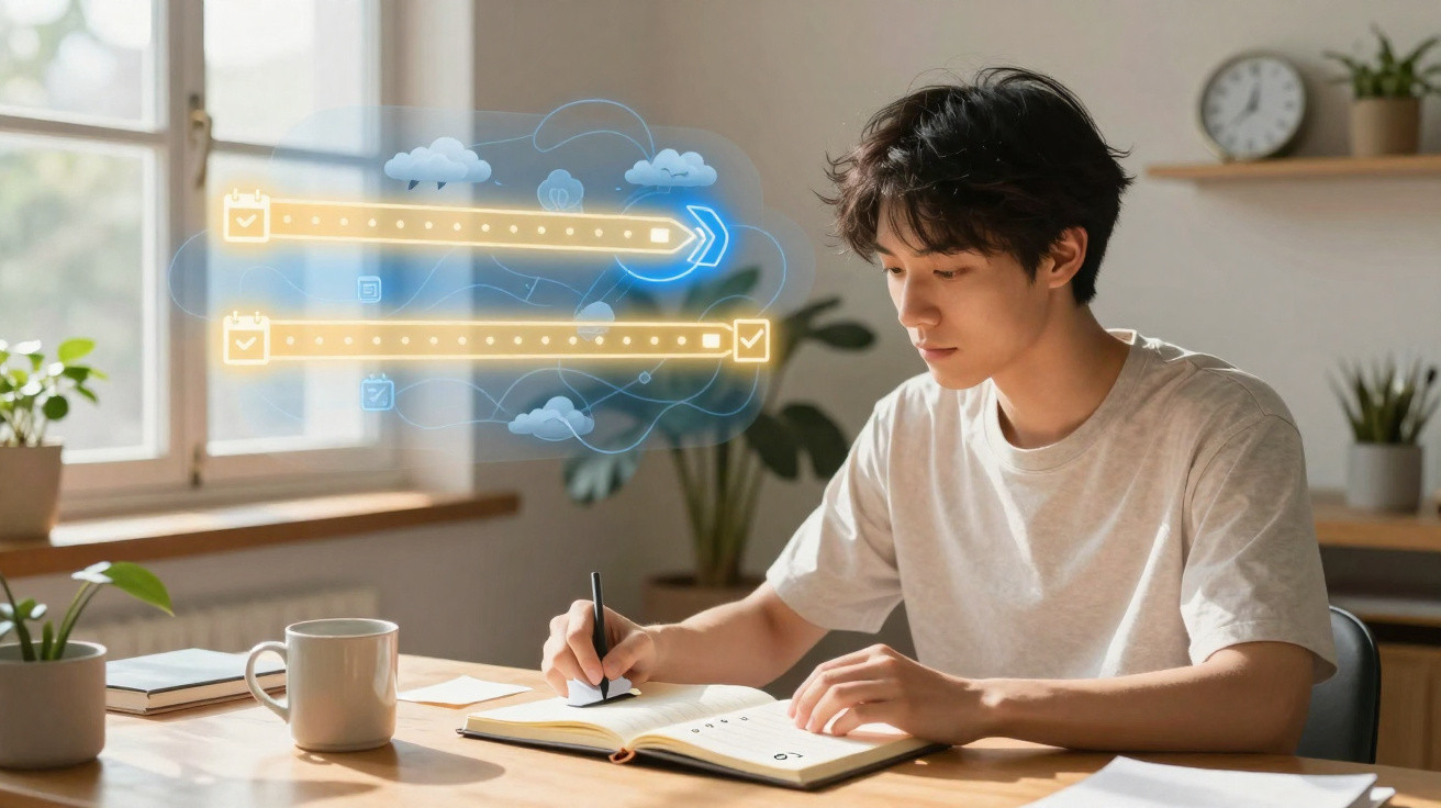 Jovem sentado à mesa a escrever num caderno com gráficos digitais à sua frente numa sala iluminada.