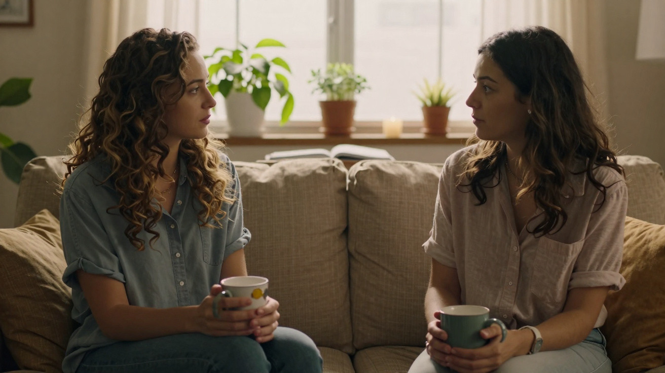 Duas mulheres sentadas no sofá a conversar, cada uma com uma caneca na mão, ao lado de plantas na janela.