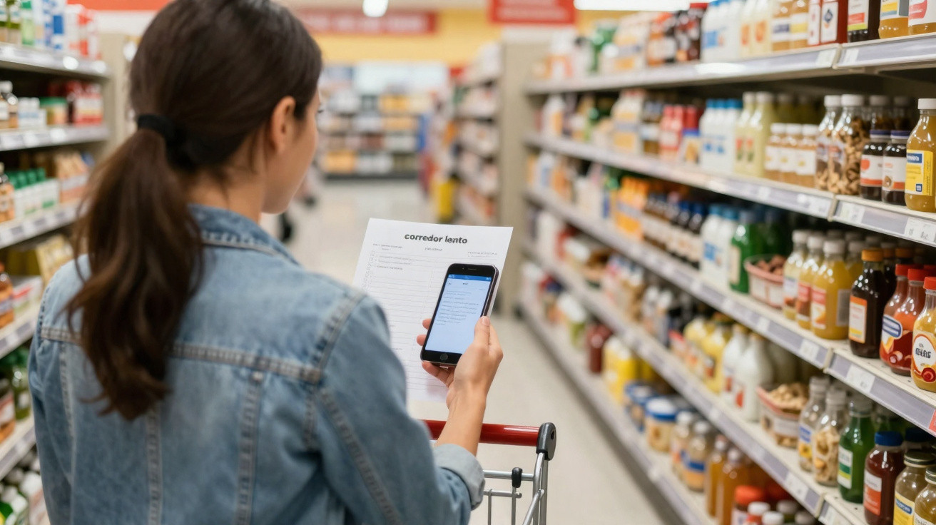 Mulher usa telemóvel e lista de compras enquanto está num corredor de supermercado com carrinho de compras.