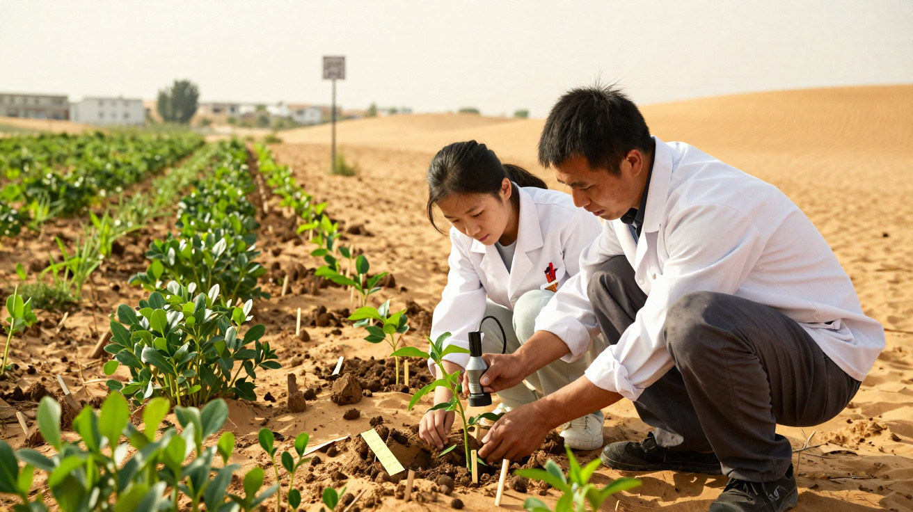 Dois cientistas em bata branca analisam plantas jovens num solo árido e arenoso.